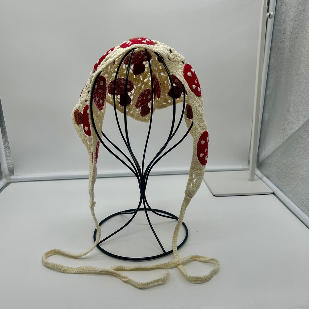 Crochet Mushroom Bandana‎ Headscarf Cream Red Toadstool Boho Festival - Picture 2 of 5